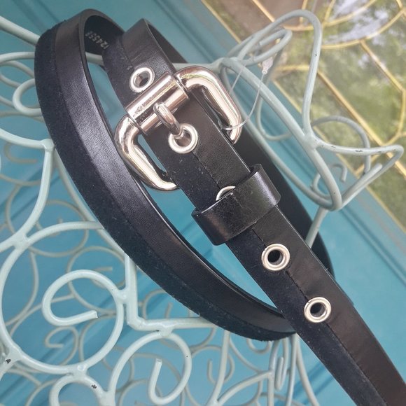 Genuine Leather Belt Thin Two Tone Black Suede Silver Metal Hardware - Picture 1 of 12
